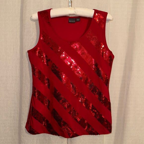 Covington MP Vibrant Red Sequined Diagonal Stripes Sleeveless Tank Top - Picture 1 of 9